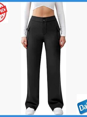 High Waist Straight Leg Stretch Pants Work Trousers with Pockets